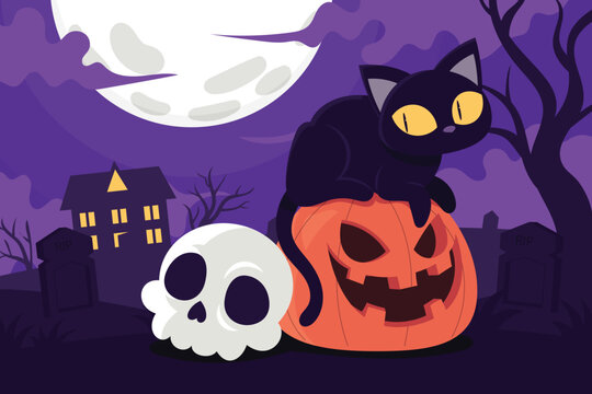 Black Cat with Pumpkin Halloween