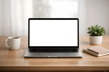 Fototapeta premium realistic laptop mockup with blank white screen on clean minimalist office desk