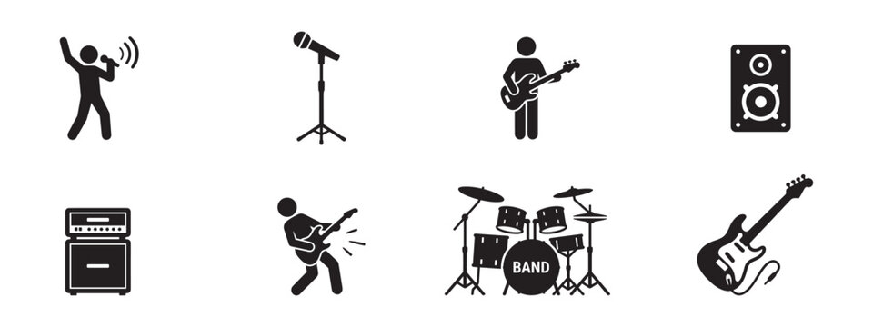 Rock band music icon set. Singer with microphone, guitarist, drummer with drum kit, audio speaker and amplifier. Vector illustration.
