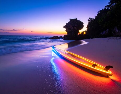 A vibrant sunset casts colorful reflections on the wet sands of a tranquil beach, where a glowing surfboard rests. The ocean waves gently caress the shoreline