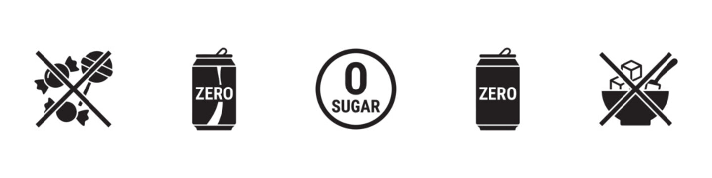 Zero sugar diet icon set. No candy sweets sign, low calorie soda can, sugar free badge and no refined sugar cubes in bowl. Vector illustration.