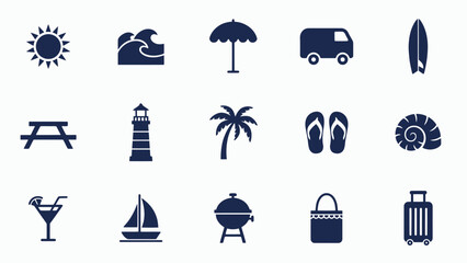 Vacation themed icons set featuring coastal and travel elements in minimalist blue black silhouette style with organized 5x3 grid bold showcases clean organized © Shovon