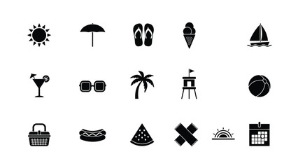 Minimalist black and white vacation and summer lifestyle icon set with monochromatic icon collection fifteen stylized symbols representing summer vacation themes © Shovon