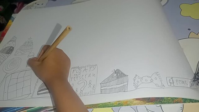 Cinematic close-up of a kid's fingers sketching with a pencil, practicing fine motor skills