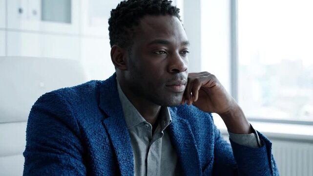 Stressed African American businessman rubbing neck in modern office, showing signs of fatigue and work-related strain