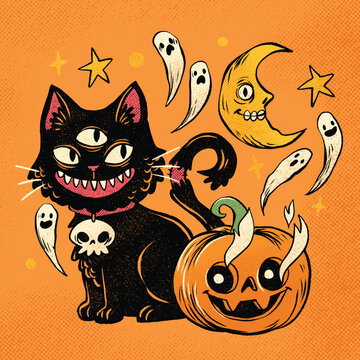 Cute Black Cat Halloween Illustration