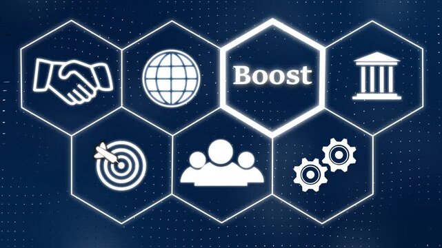 Business optimization system HUD updates data performance metrics over hex grids. Automated growth consulting software uses a business optimization system HUD dashboard view.