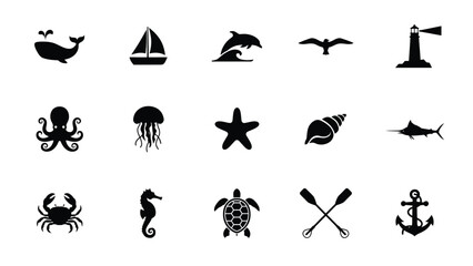 Vintage inspired marine life and coastal exploration icon collection with presents minimalist black white icon set with alongside coastal elements such sailboat © Shovon