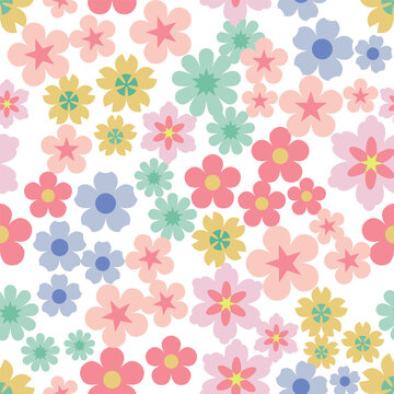 Floral seamless pattern colorful retro flowers in pastel pink, blue, yellow, and mint tones. Cute geometric botanical repeat design, playful blossoms, star petals, and modern spring aesthetic. Vector