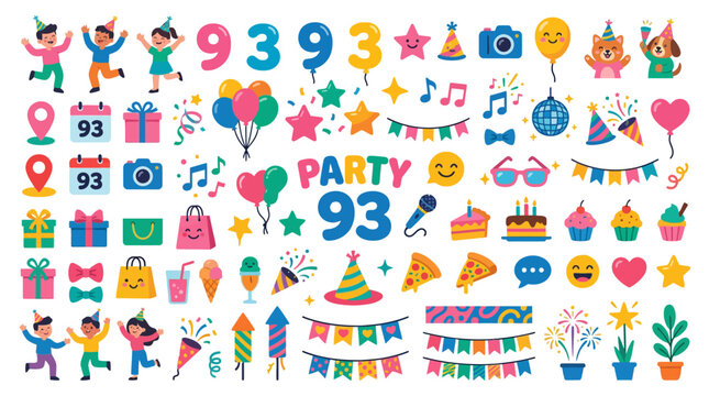 Set of 93rd Birthday Party Celebration Elements and Icons.