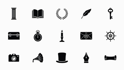 Vintage inspired minimalist icons set featuring classic symbols of knowledge creativity with travel capturing nostalgic yet modern appeal ideal branding © Shovon