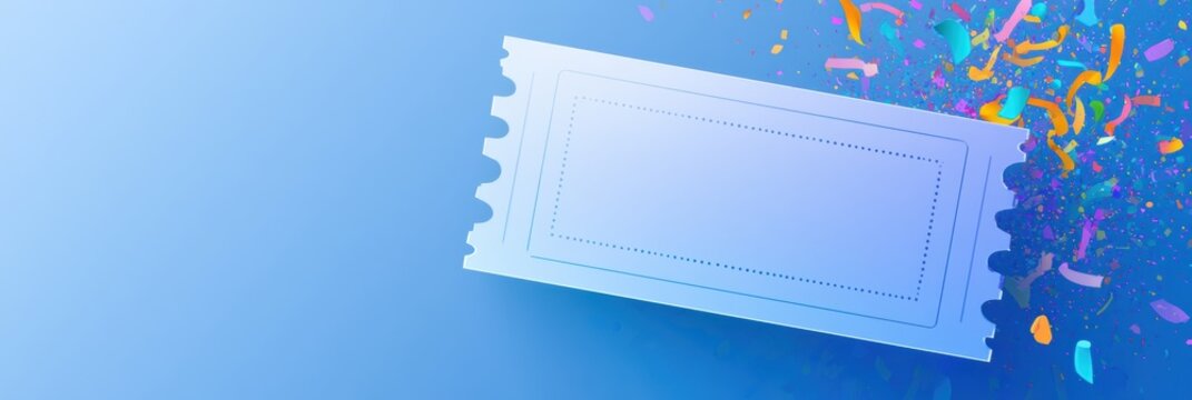 A semi-transparent ticket shows a promo code field against a blue gradient. Colorful confetti bursts add excitement for a marketing event.