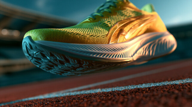 Close-up neon running shoe on red track, blurred stadium backdrop, cinematic golden hour lighting, breathable mesh detail, negative space for sports brand advertising and fitness campaign banners