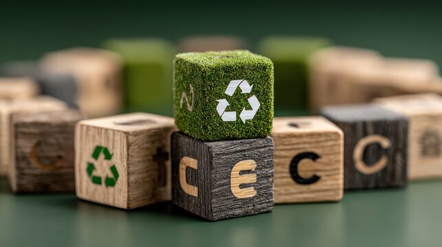 Eco-friendly concept with green moss cube featuring recycling symbol and wooden blocks