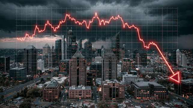 Economic Downturn Over Cityscape: A dramatic illustration depicts a downward-trending stock market graph superimposed over a dark, brooding cityscape, symbolizing financial crisis and recession.