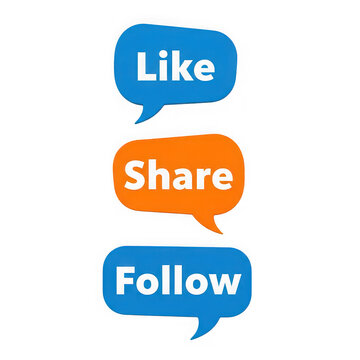 Social media like share and follow buttons isolated on transparent background