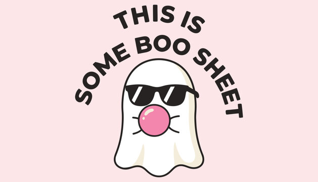 A cartoon ghost wearing sunglasses and blowing a pink bubble on a pink background with a funny phrase