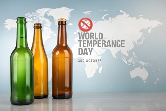 Three empty glass beer bottles of green and amber colors stand prominently on a white wooden table in front of a blue world map illustration celebrating world temperance day awareness.