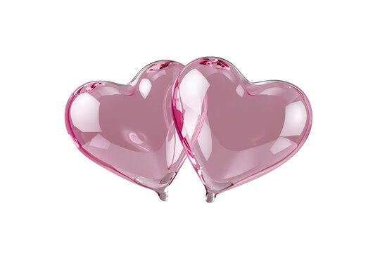 Pink glass hearts interlocking on transparent background representing love, romance and partnership for valentine's day