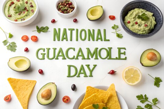 National guacamole day is celebrated with fresh avocados crispy tortilla chips ripe cherry tomatoes tangy lime slices and creamy green dip arranged neatly on a clean bright white textured surface