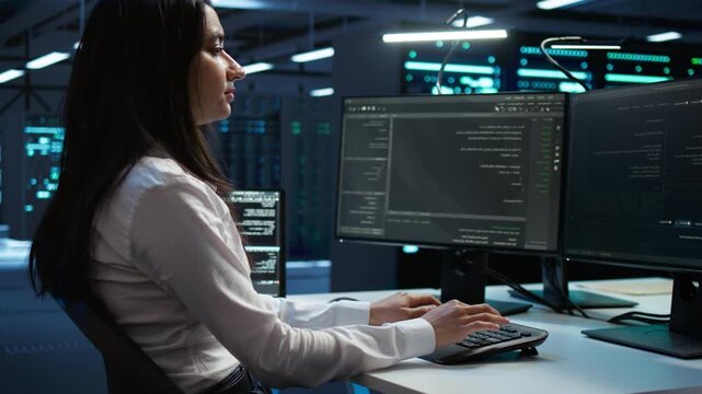 Software developer monitors cybersecurity risks in a technical server room, connecting network security, data protection and traffic monitoring during hardware and software coordination