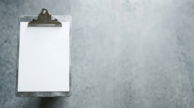 Empty Clipboard with Blank White Paper Sheet Hanging on Gray Concrete Wall Surface