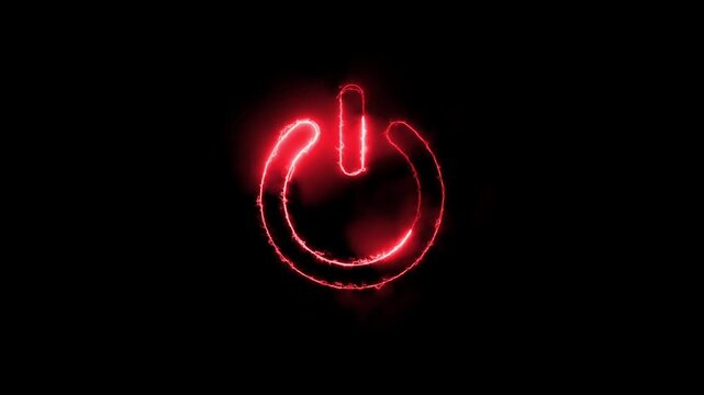 neon power icon animation on black background. Glowing neon power button icon animation
