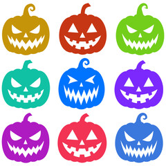 Obraz premium Colorful Halloween Jack-o'-Lanterns Illustration with Smiling Faces in Bright Colors