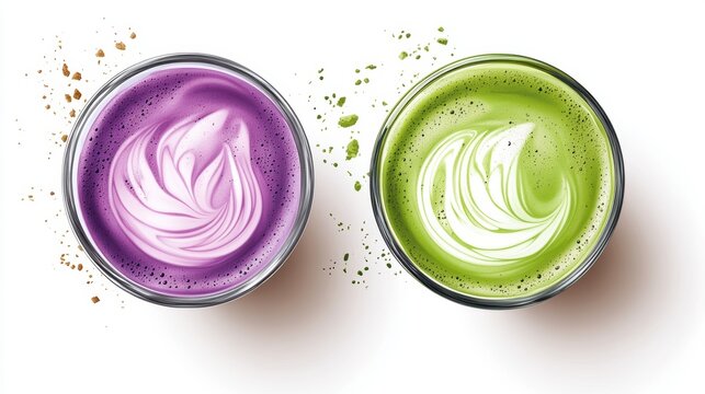 Ube and Matcha drink on white background,Iced Ube Latte,and matcha latte,PopularTrendy Purple Coffee Shop,plant based recipes,superfood,menu and banner,Healthy and wellness concept.