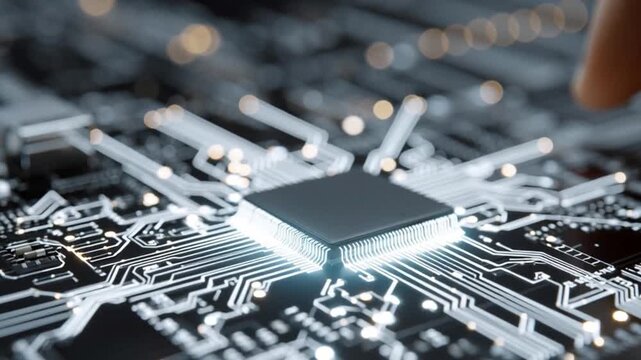 Finger touching glowing microchip on circuit board with illuminated digital light effect and connection, symbolizing advanced technology, innovation, electronics, and futuristic circuit design
