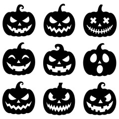 Obraz premium Halloween Jack-o'-lanterns Illustration with Various Carved Faces in Black and White