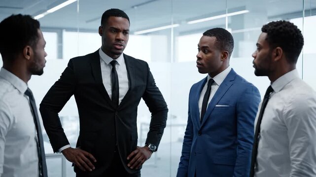Four African American Businessmen in Serious Office Discussion, Modern Glass-Walled Conference Room