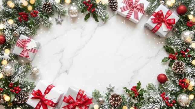 Christmas wreath frame with gift boxes, pine branches, red berries, and baubles on marble surface