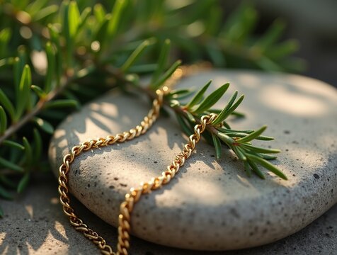 Delicate gold chain necklace draped over a smooth river stone beside a sprig of fresh rosemary. Morning light filters through nearby foliage, casting dappled shadows on the gold links. Composition bal