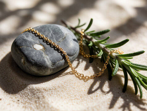 Delicate gold chain necklace draped over a smooth river stone beside a sprig of fresh rosemary. Morning light filters through nearby foliage, casting dappled shadows on the gold links. Composition bal