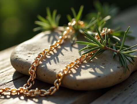 Delicate gold chain necklace draped over a smooth river stone beside a sprig of fresh rosemary. Morning light filters through nearby foliage, casting dappled shadows on the gold links. Composition bal