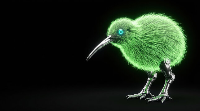 Futuristic cyberpunk robotic kiwi bird with glowing green fur and cyborg legs isolated on dark background, copy space