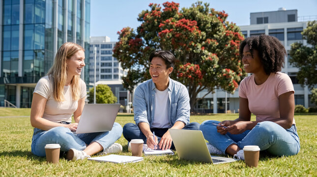 Diverse international students with laptops communicating on green campus lawn, study in New Zealand concept