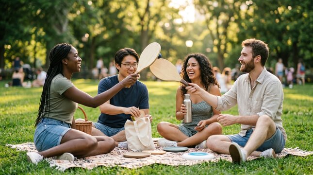 Diverse Group of Young Adult Friends Playing Paddleball at a Sunny Park Picnic, Enjoying Outdoor Leisure Activities and Socializing Together in Summer