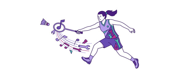 Fototapeta premium Badminton Player Hitting Shuttlecock with Musical Notes