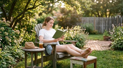 Fototapeta premium Young Caucasian Woman Reading Book Relaxing in Backyard Garden Chair During Summer Afternoon Leisure Time Lifestyle Concept
