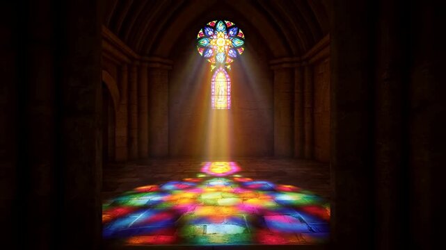 Sunlit stained glass projection across stone nave beneath vaulted arches and columns, with circular rose window, warm golden rays, colorful reflections, and sacred interior atmosphere
