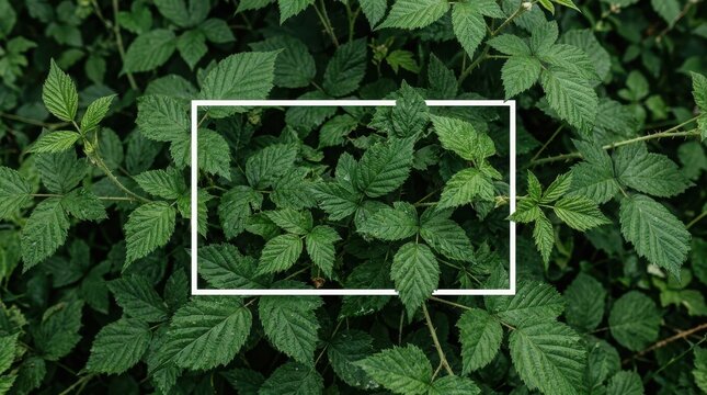 White rectangular frame overlaid on a dense background, of green serrated, blackberry leaves