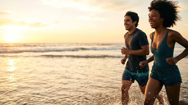 Young fit diverse couple jogging in ocean surf at sunset representing healthy active lifestyle and wellness for fitness marketing campaigns