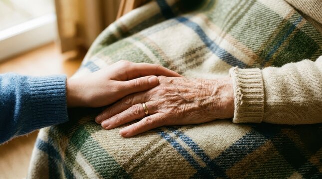 Young person holding the wrinkled hand of an elderly person on a plaid wool blanket