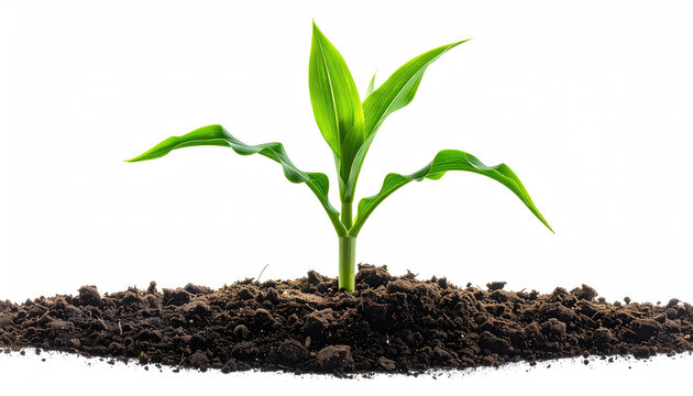 Young Green Plant Growing from Soil on White Background