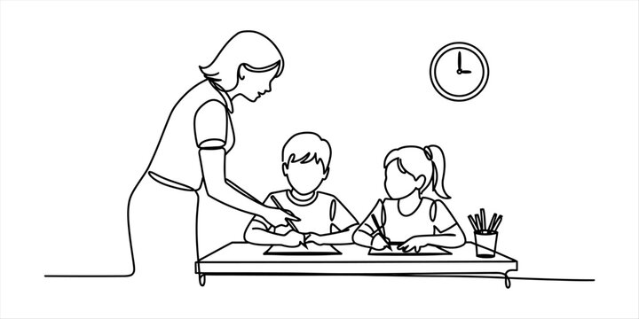 Continuous line drawing of a teacher helping young students study and write at a desk in a classroom setting with a wall clock in the background