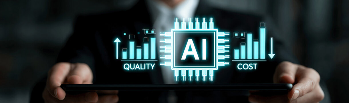 AI Revolution: A business person holding a tablet displaying artificial intelligence with glowing charts showing increased quality and decreased cost.