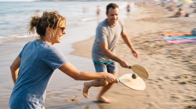 Middle aged couple playing beach paddleball game on sandy shore during summer vacation, active lifestyle and healthy relationship concept