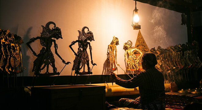 Traditional Indonesian shadow puppet wayang kulit performance with dalang puppeteer and lantern light